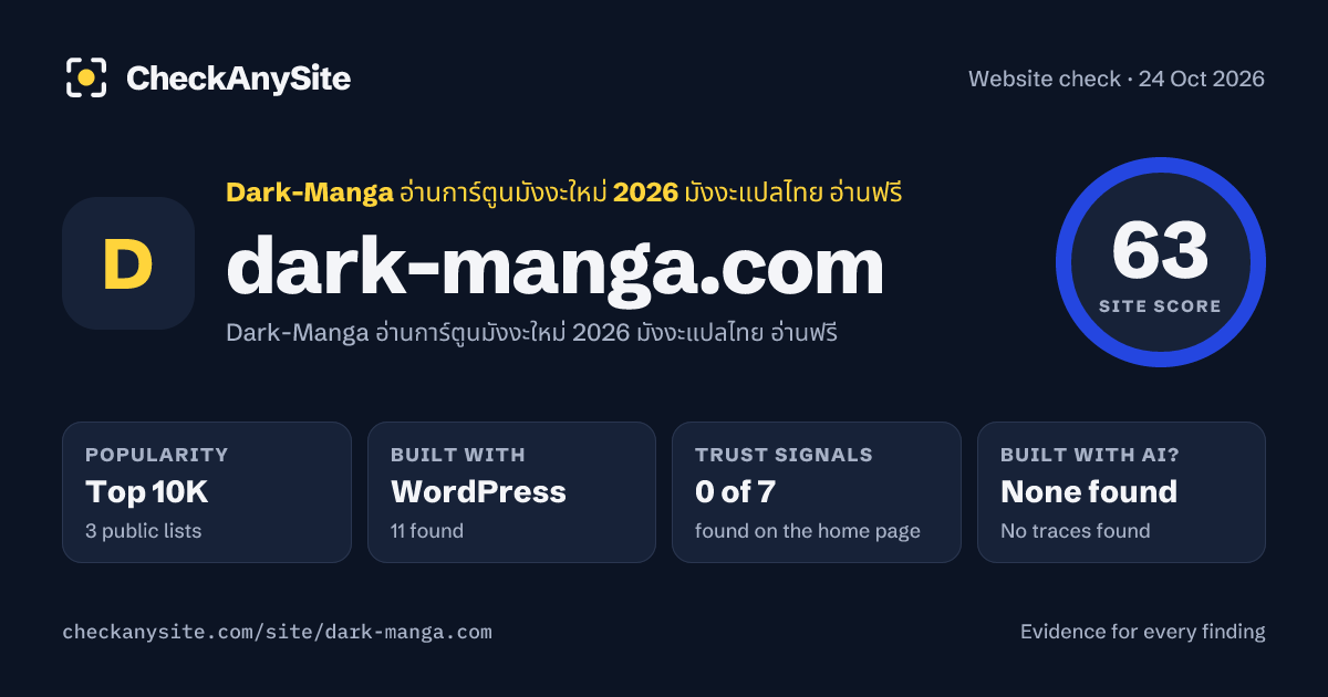 dark-manga.com on CheckAnySite: AI traces none found, popularity Top 10K, site score 63 of 100.