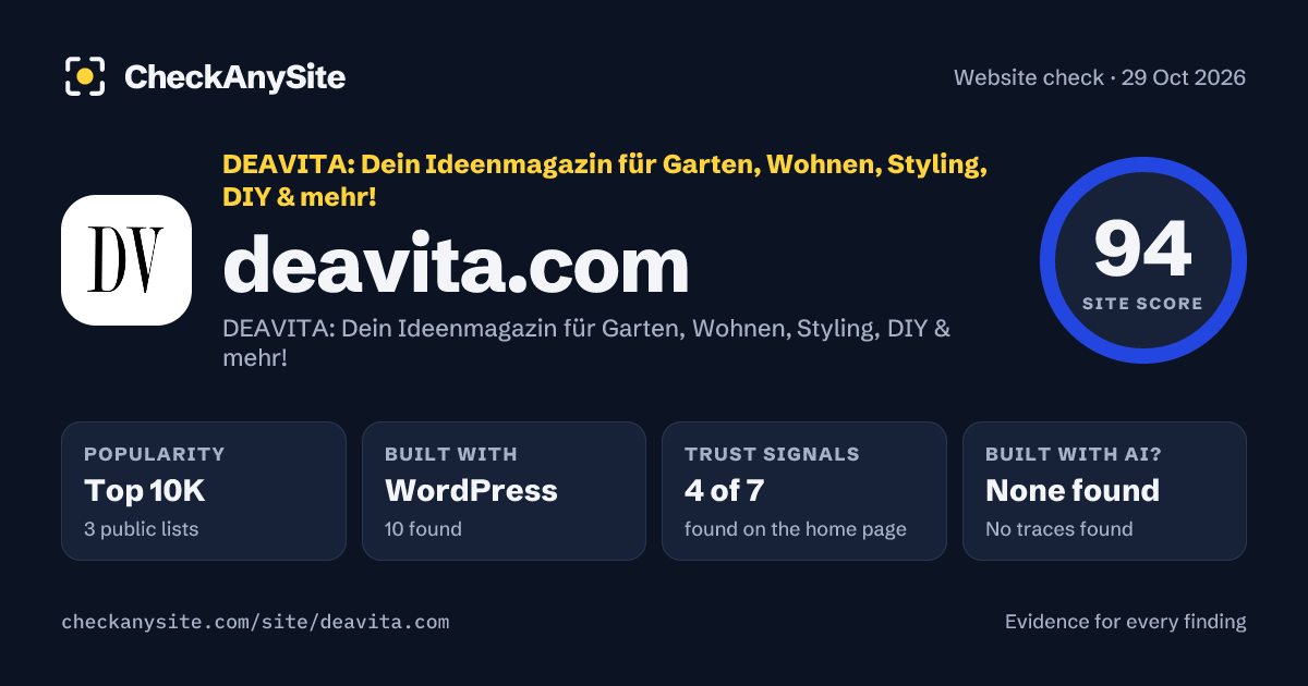 deavita.com on CheckAnySite: AI traces none found, popularity Top 10K, site score 94 of 100.
