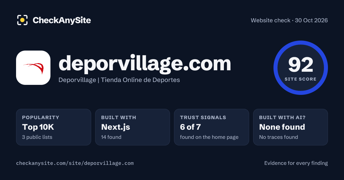 deporvillage.com on CheckAnySite: AI traces none found, popularity Top 10K, site score 92 of 100.