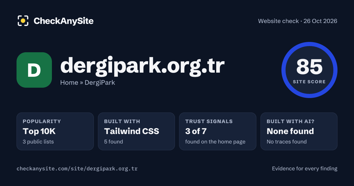 dergipark.org.tr on CheckAnySite: AI traces none found, popularity Top 10K, site score 85 of 100.