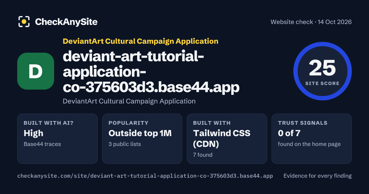 deviant-art-tutorial-application-co-375603d3.base44.app on CheckAnySite: AI traces high, popularity Outside top 1M, site score 25 of 100.