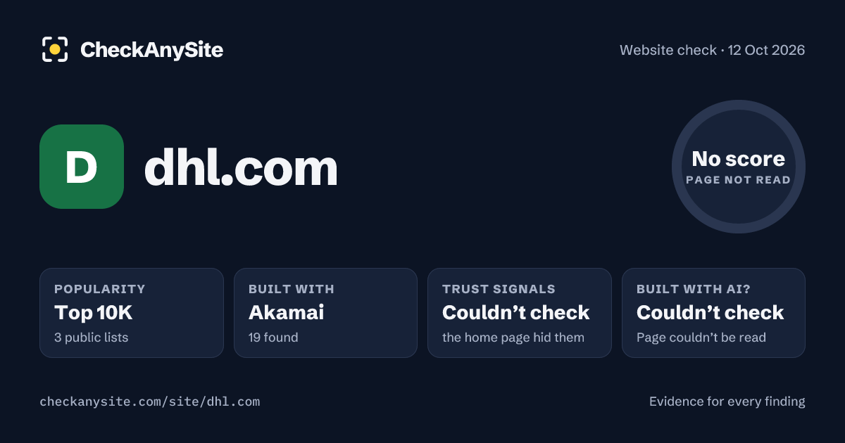 dhl.com on CheckAnySite: AI traces couldn’t check, popularity Top 10K, no score.