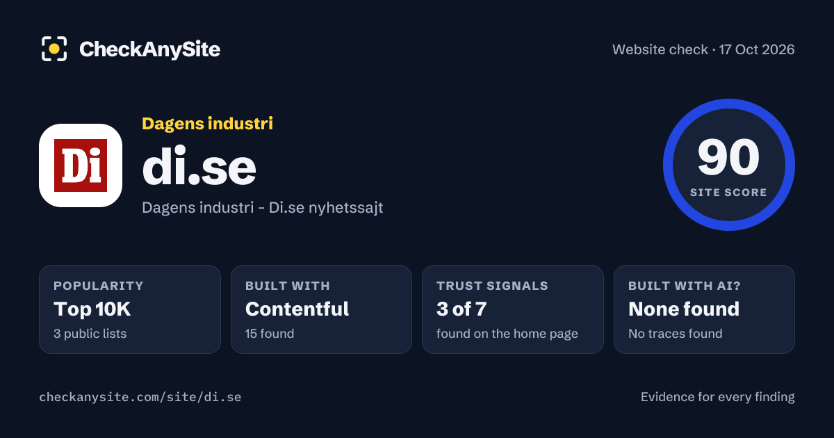 di.se on CheckAnySite: AI traces none found, popularity Top 10K, site score 90 of 100.
