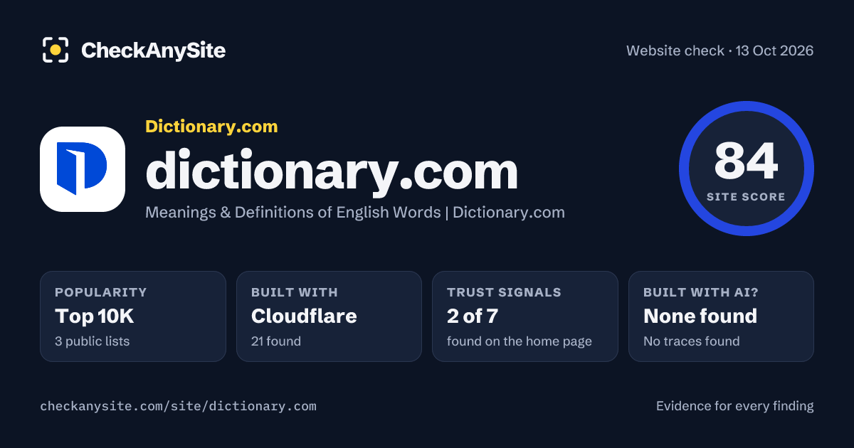 dictionary.com on CheckAnySite: AI traces none found, popularity Top 10K, site score 84 of 100.