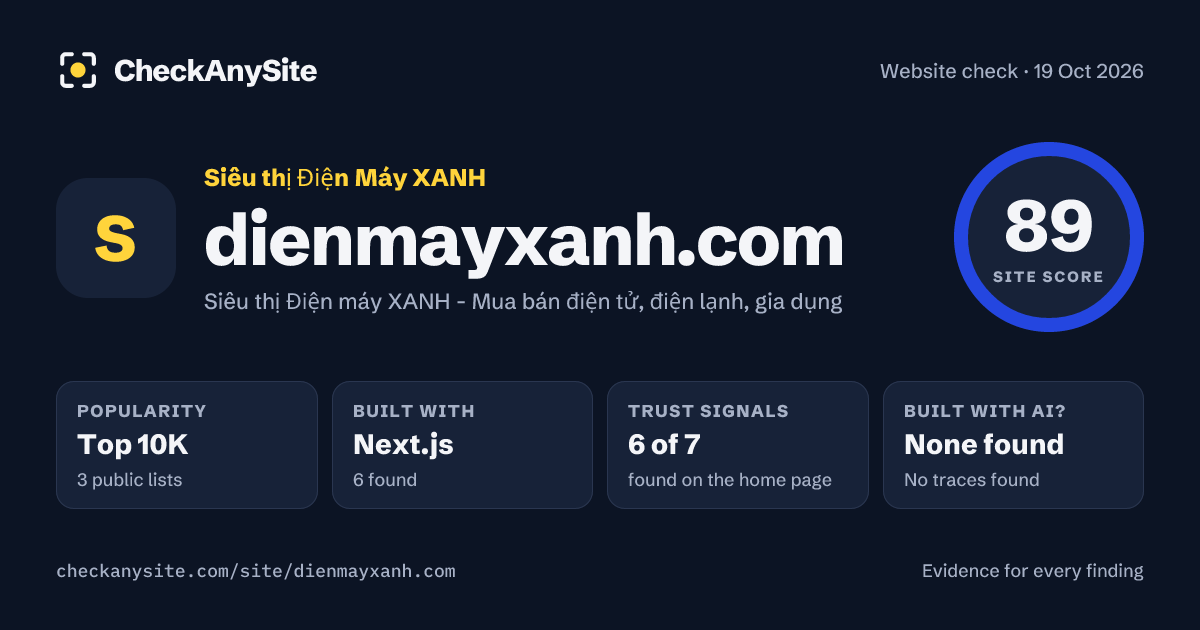 dienmayxanh.com on CheckAnySite: AI traces none found, popularity Top 10K, site score 89 of 100.