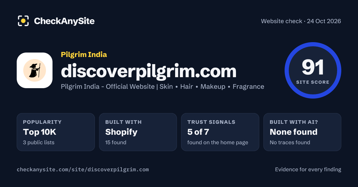 discoverpilgrim.com on CheckAnySite: AI traces none found, popularity Top 10K, site score 91 of 100.