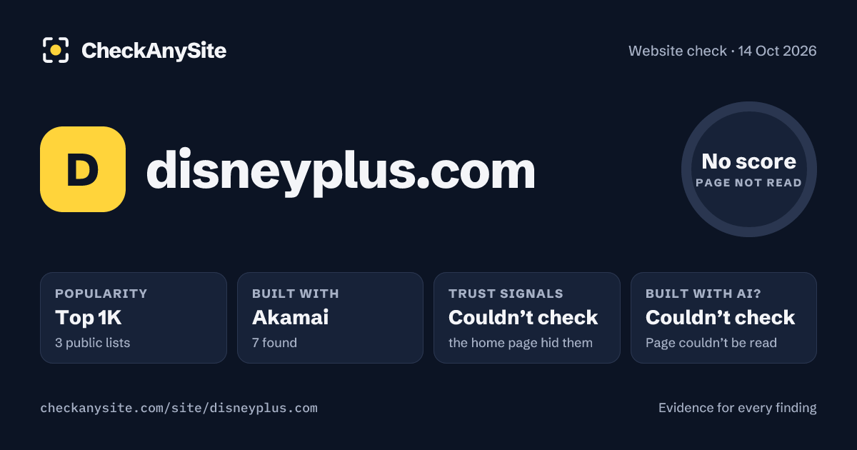 disneyplus.com on CheckAnySite: AI traces couldn’t check, popularity Top 1K, no score.