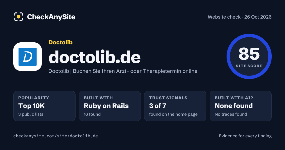 doctolib.de on CheckAnySite: AI traces none found, popularity Top 10K, site score 85 of 100.