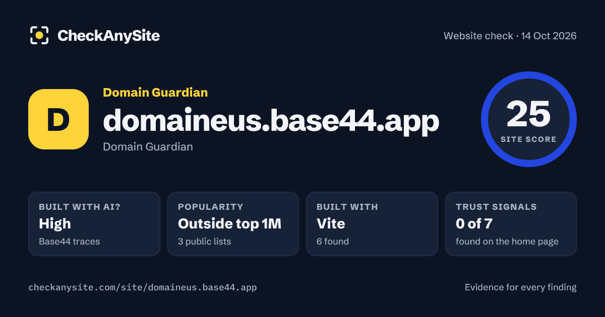 domaineus.base44.app on CheckAnySite: AI traces high, popularity Outside top 1M, site score 25 of 100.