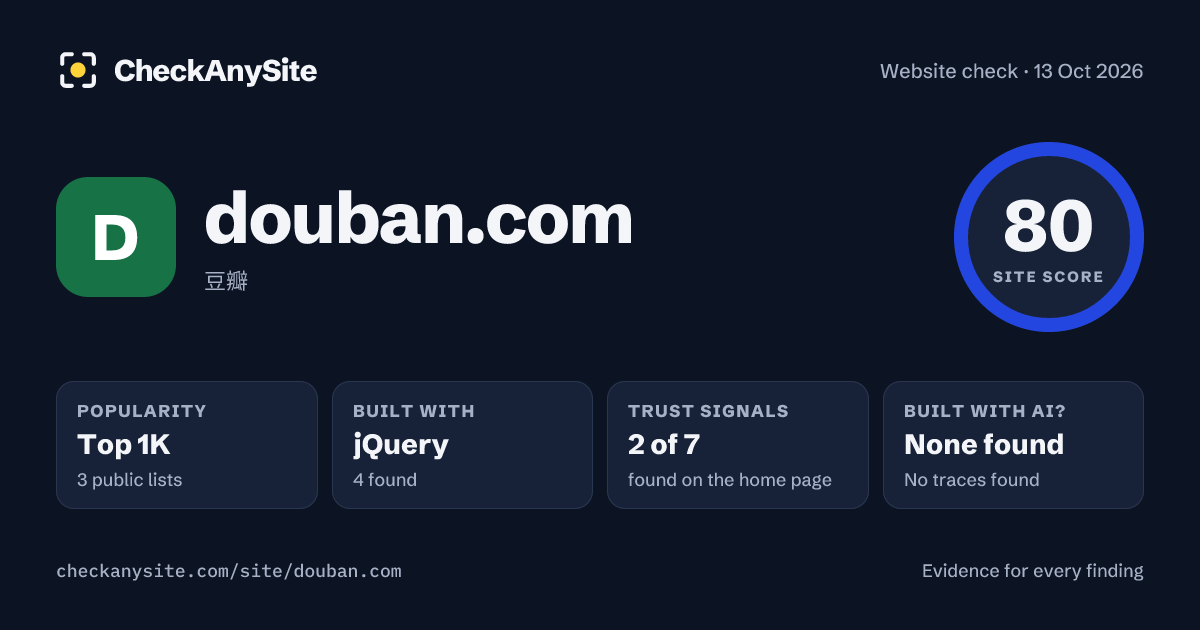 douban.com on CheckAnySite: AI traces none found, popularity Top 1K, site score 80 of 100.