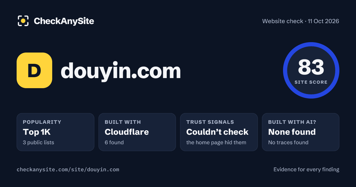 douyin.com on CheckAnySite: AI traces none found, popularity Top 1K, site score 83 of 100.