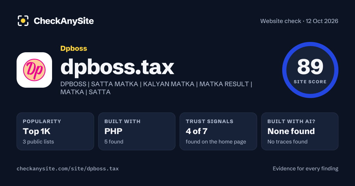 dpboss.tax on CheckAnySite: AI traces none found, popularity Top 1K, site score 89 of 100.
