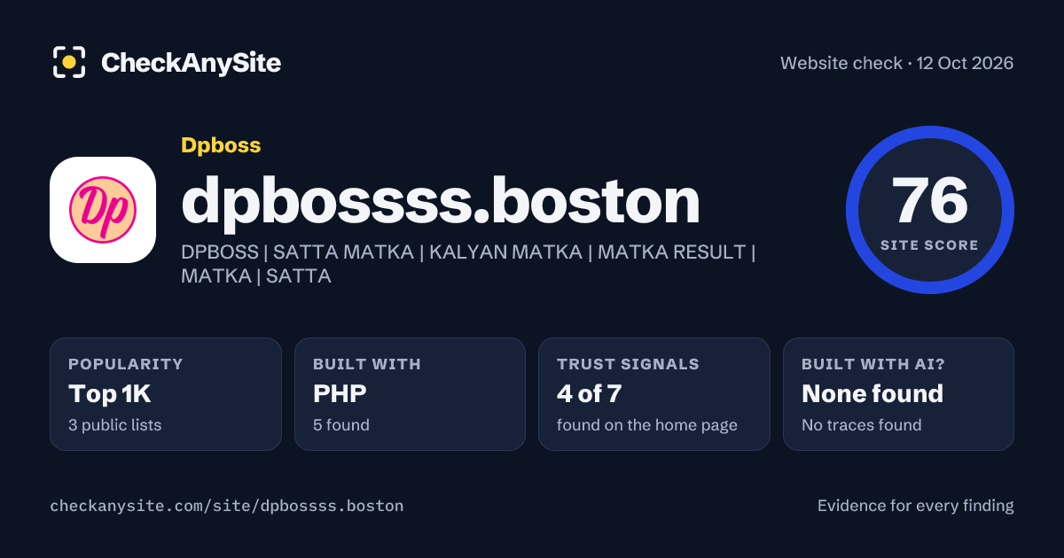 dpbossss.boston on CheckAnySite: AI traces none found, popularity Top 1K, site score 76 of 100.
