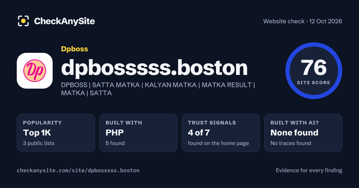 dpbosssss.boston on CheckAnySite: AI traces none found, popularity Top 1K, site score 76 of 100.