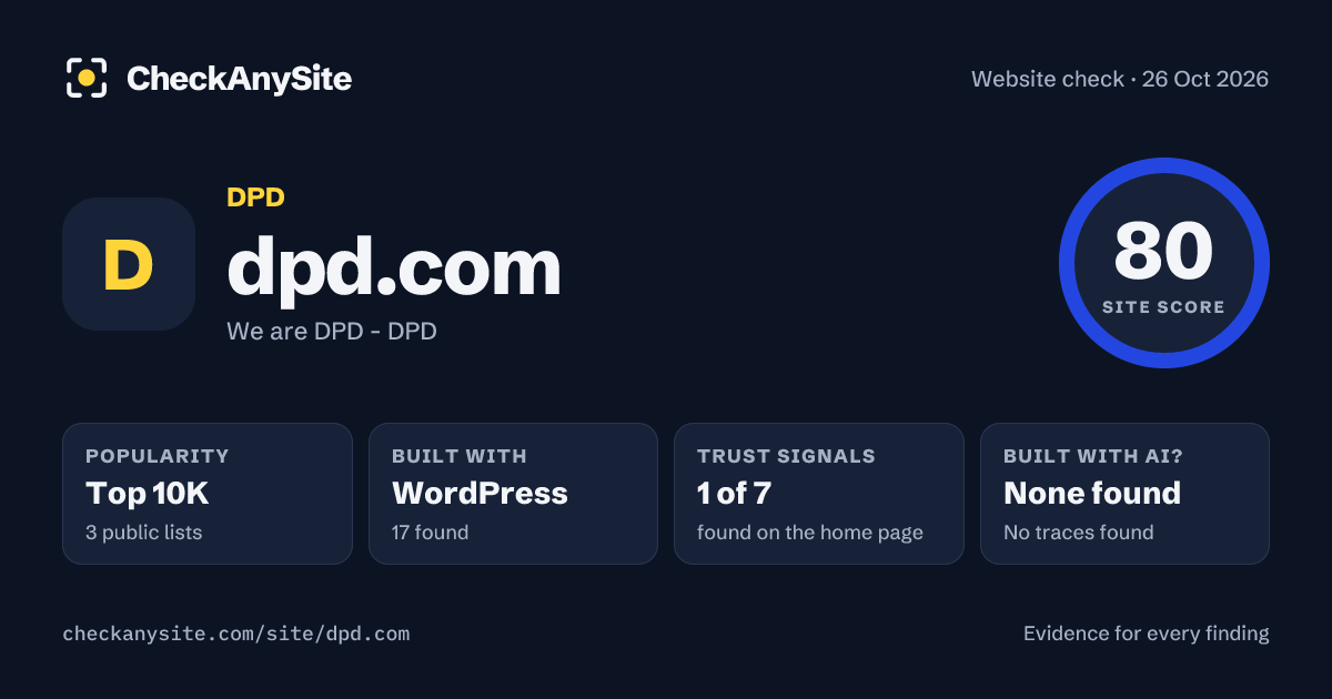 dpd.com on CheckAnySite: AI traces none found, popularity Top 10K, site score 80 of 100.