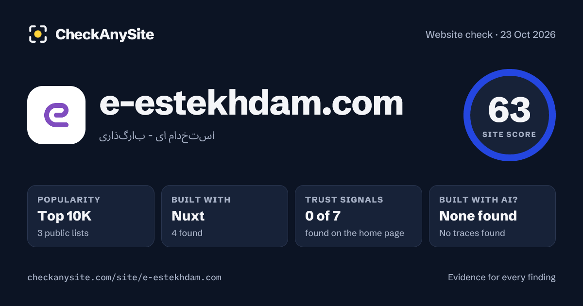 e-estekhdam.com on CheckAnySite: AI traces none found, popularity Top 10K, site score 63 of 100.