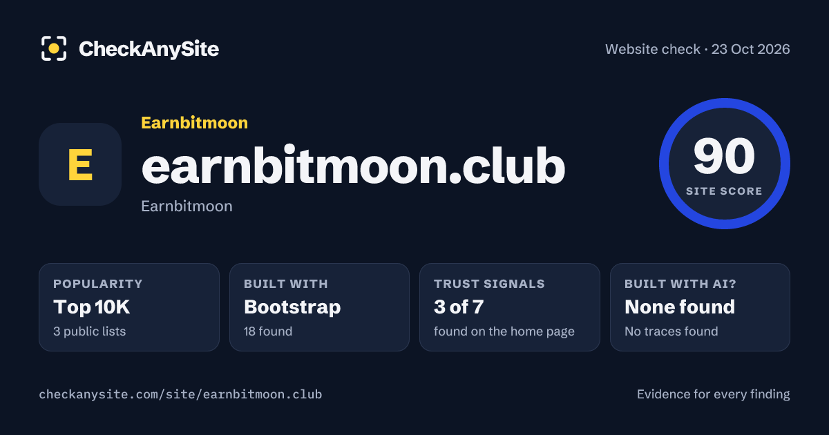 earnbitmoon.club on CheckAnySite: AI traces none found, popularity Top 10K, site score 90 of 100.