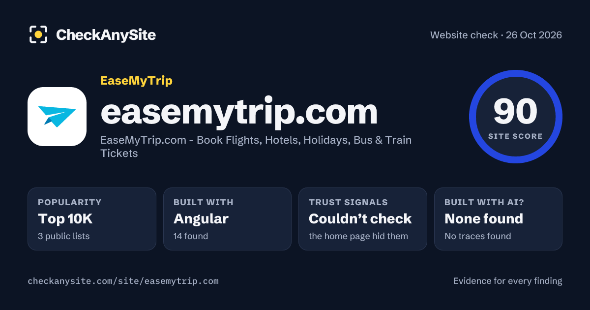 easemytrip.com on CheckAnySite: AI traces none found, popularity Top 10K, site score 90 of 100.