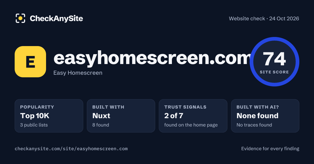 easyhomescreen.com on CheckAnySite: AI traces none found, popularity Top 10K, site score 74 of 100.
