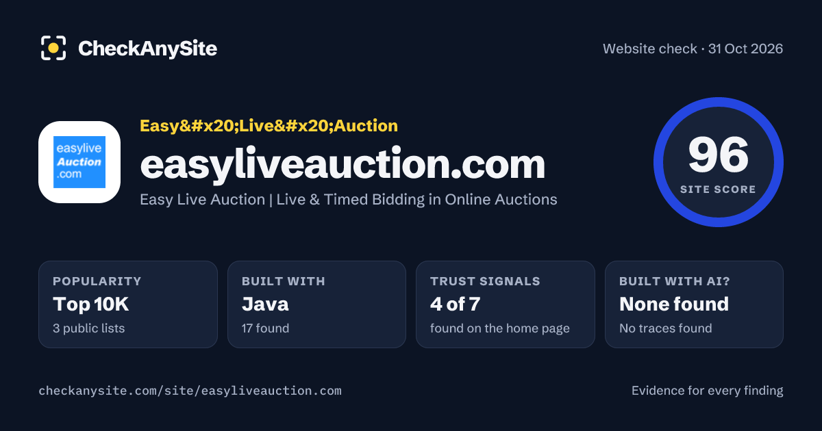 easyliveauction.com on CheckAnySite: AI traces none found, popularity Top 10K, site score 96 of 100.
