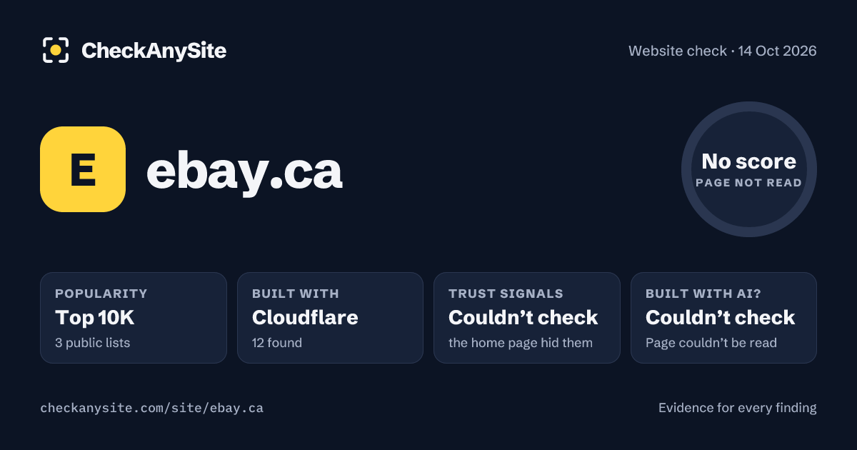 ebay.ca on CheckAnySite: AI traces couldn’t check, popularity Top 10K, no score.