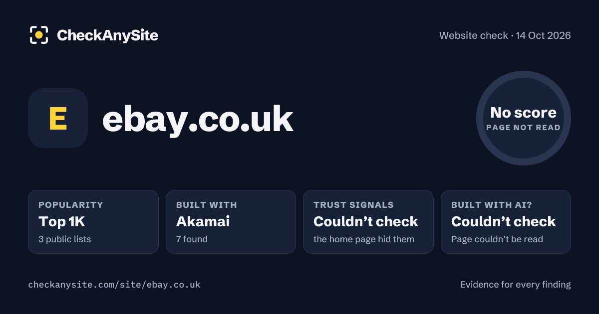 ebay.co.uk on CheckAnySite: AI traces couldn’t check, popularity Top 1K, no score.
