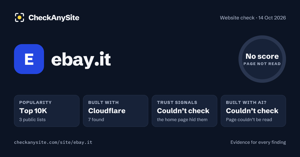 ebay.it on CheckAnySite: AI traces couldn’t check, popularity Top 10K, no score.
