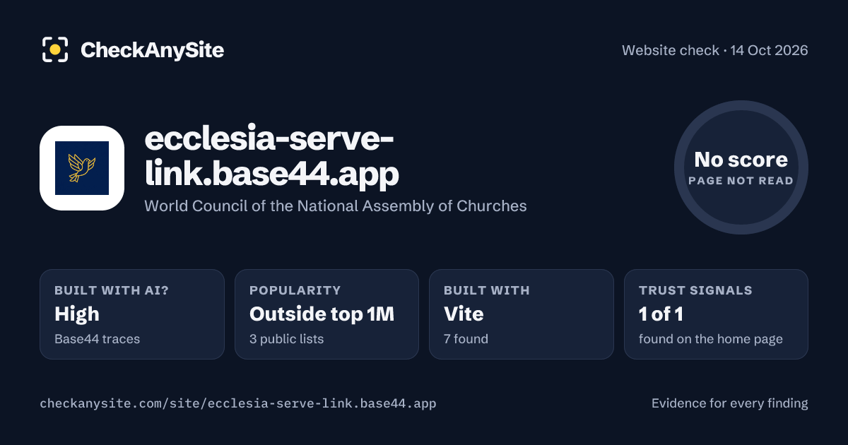 ecclesia-serve-link.base44.app on CheckAnySite: AI traces high, popularity Outside top 1M, no score.