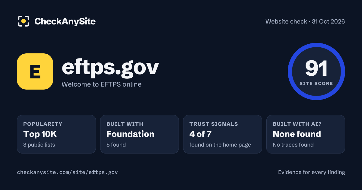 eftps.gov on CheckAnySite: AI traces none found, popularity Top 10K, site score 91 of 100.
