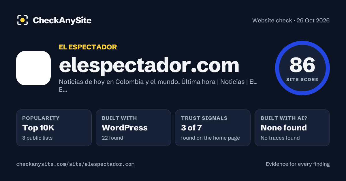 elespectador.com on CheckAnySite: AI traces none found, popularity Top 10K, site score 86 of 100.