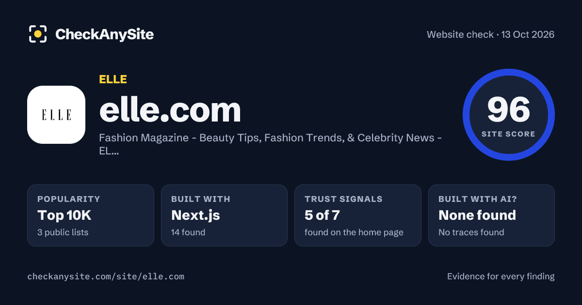 elle.com on CheckAnySite: AI traces none found, popularity Top 10K, site score 96 of 100.