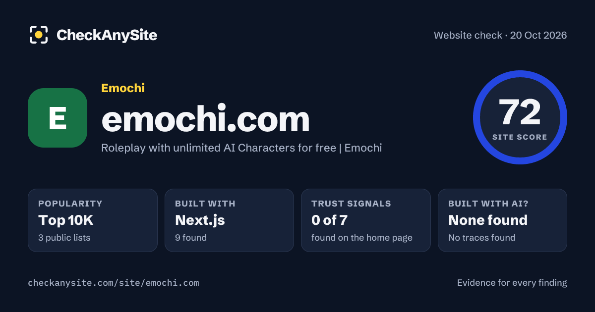 emochi.com on CheckAnySite: AI traces none found, popularity Top 10K, site score 72 of 100.