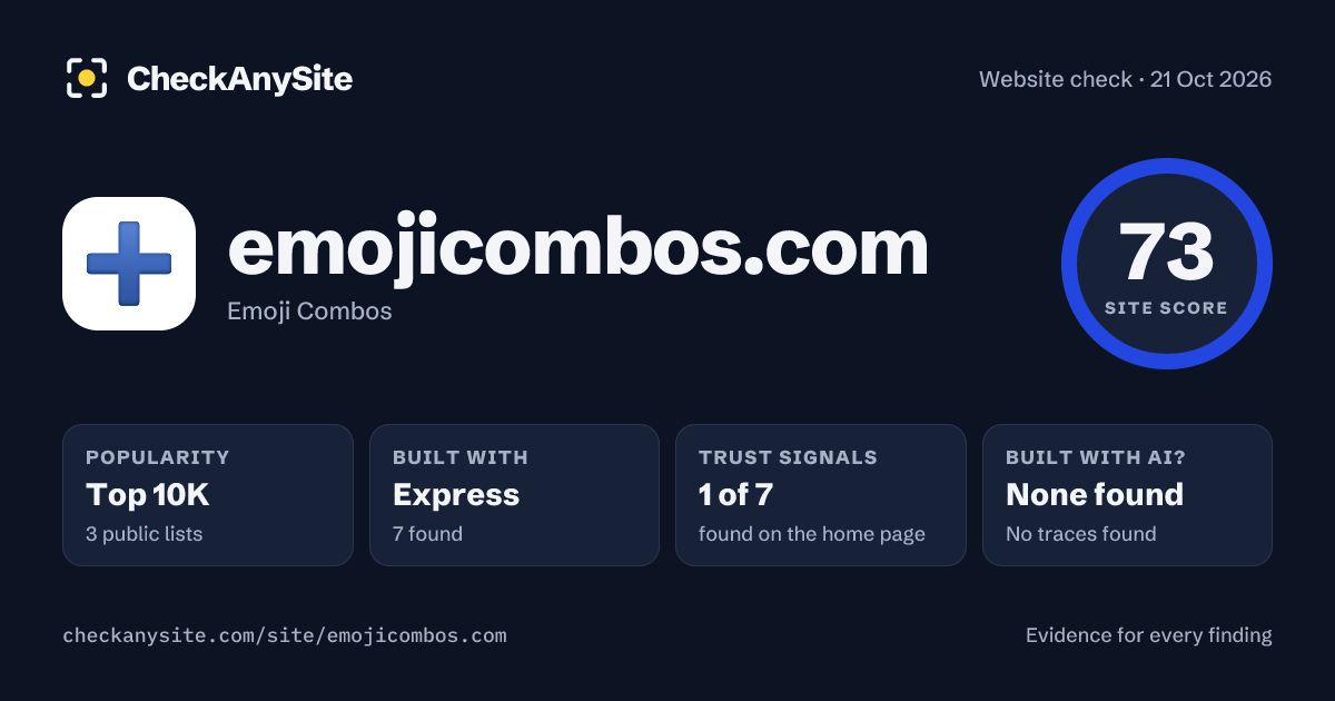 emojicombos.com on CheckAnySite: AI traces none found, popularity Top 10K, site score 73 of 100.