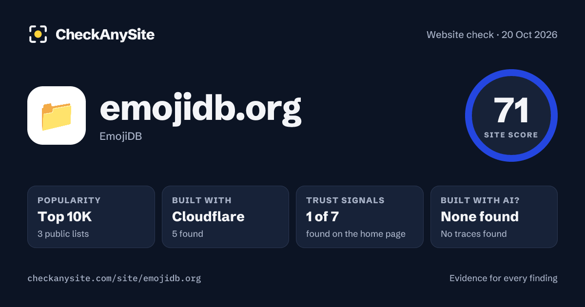 emojidb.org on CheckAnySite: AI traces none found, popularity Top 10K, site score 71 of 100.
