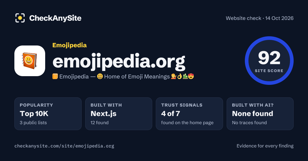 emojipedia.org on CheckAnySite: AI traces none found, popularity Top 10K, site score 92 of 100.