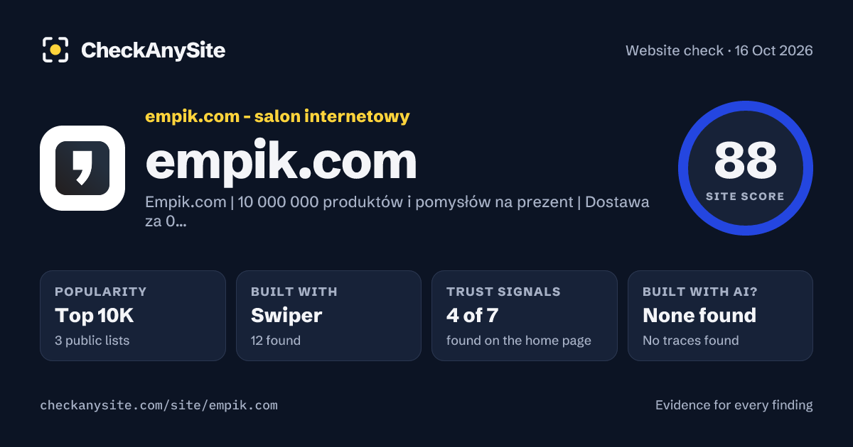 empik.com on CheckAnySite: AI traces none found, popularity Top 10K, site score 88 of 100.