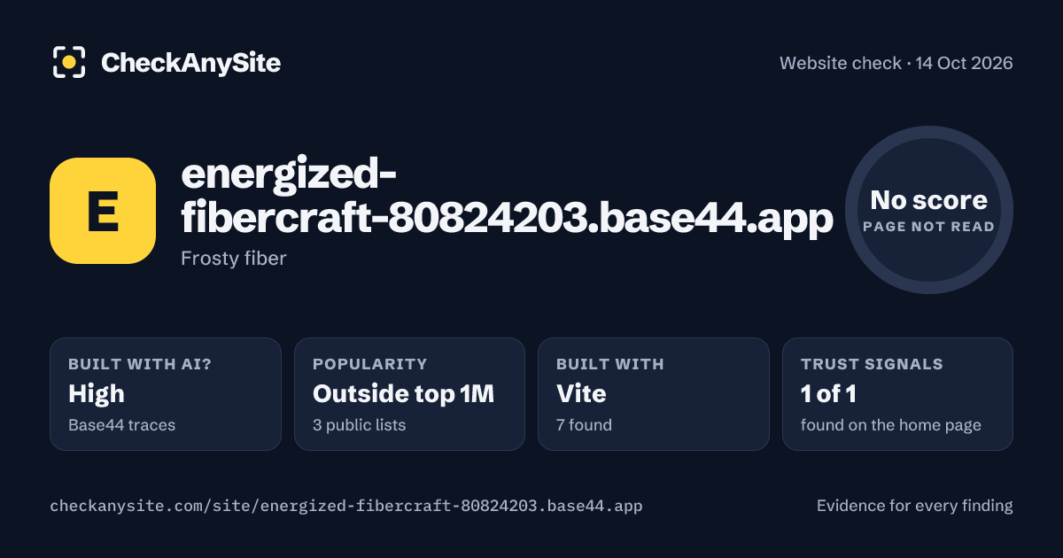 energized-fibercraft-80824203.base44.app on CheckAnySite: AI traces high, popularity Outside top 1M, no score.
