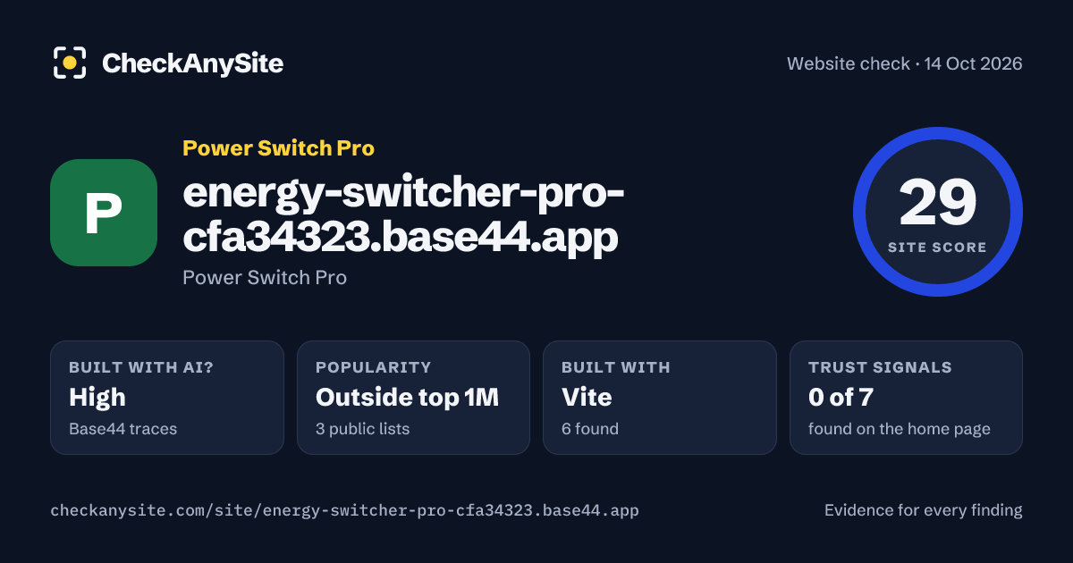 energy-switcher-pro-cfa34323.base44.app on CheckAnySite: AI traces high, popularity Outside top 1M, site score 29 of 100.