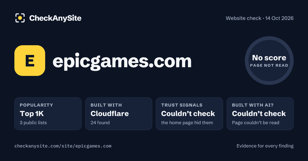 epicgames.com on CheckAnySite: AI traces couldn’t check, popularity Top 1K, no score.
