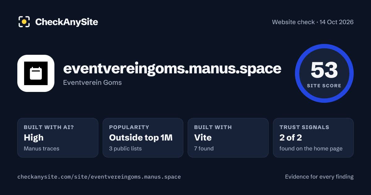 eventvereingoms.manus.space on CheckAnySite: AI traces high, popularity Outside top 1M, site score 53 of 100.