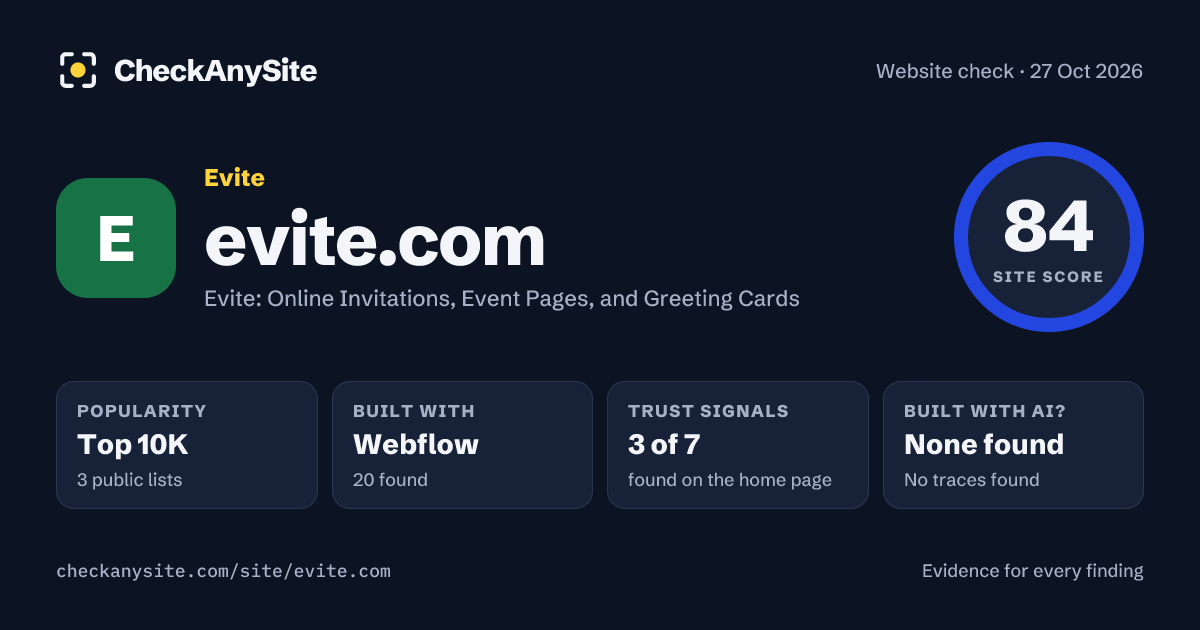 evite.com on CheckAnySite: AI traces none found, popularity Top 10K, site score 84 of 100.