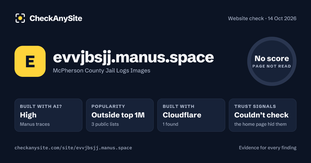 evvjbsjj.manus.space on CheckAnySite: AI traces high, popularity Outside top 1M, no score.