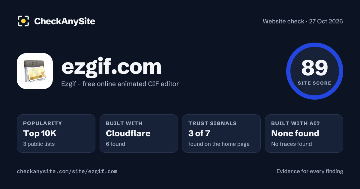 ezgif.com on CheckAnySite: AI traces none found, popularity Top 10K, site score 89 of 100.