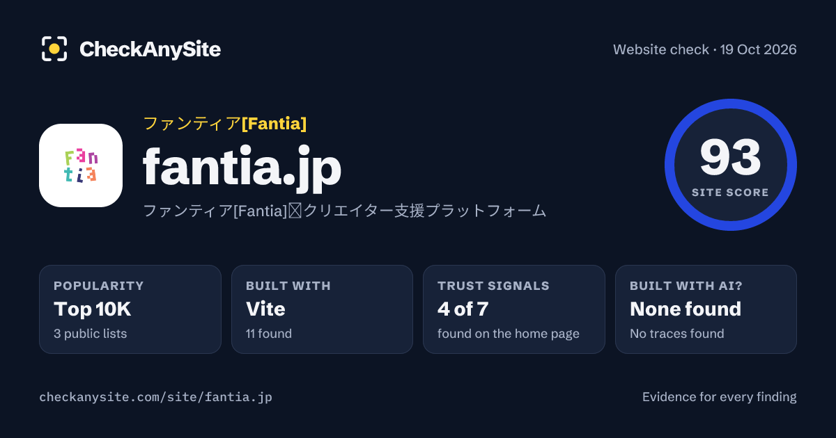 fantia.jp on CheckAnySite: AI traces none found, popularity Top 10K, site score 93 of 100.