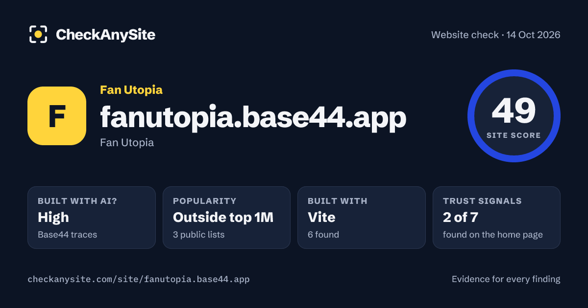fanutopia.base44.app on CheckAnySite: AI traces high, popularity Outside top 1M, site score 49 of 100.