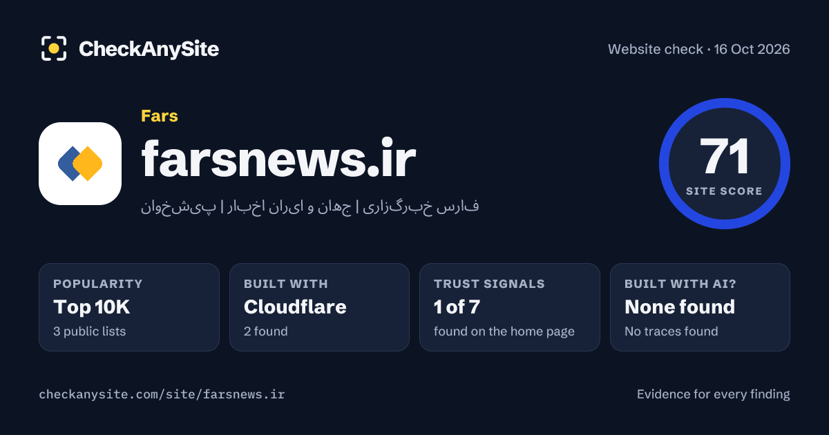 farsnews.ir on CheckAnySite: AI traces none found, popularity Top 10K, site score 71 of 100.