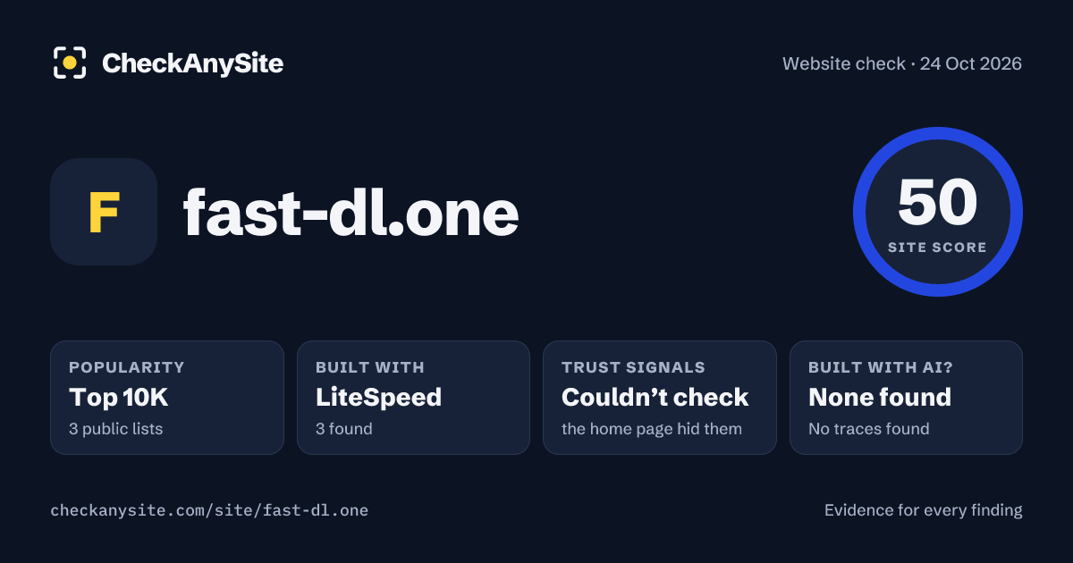 fast-dl.one on CheckAnySite: AI traces none found, popularity Top 10K, site score 50 of 100.