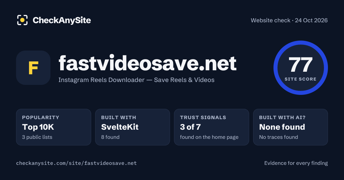 fastvideosave.net on CheckAnySite: AI traces none found, popularity Top 10K, site score 77 of 100.
