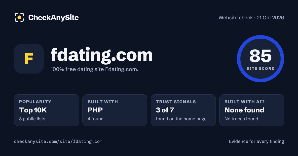 fdating.com on CheckAnySite: AI traces none found, popularity Top 10K, site score 85 of 100.
