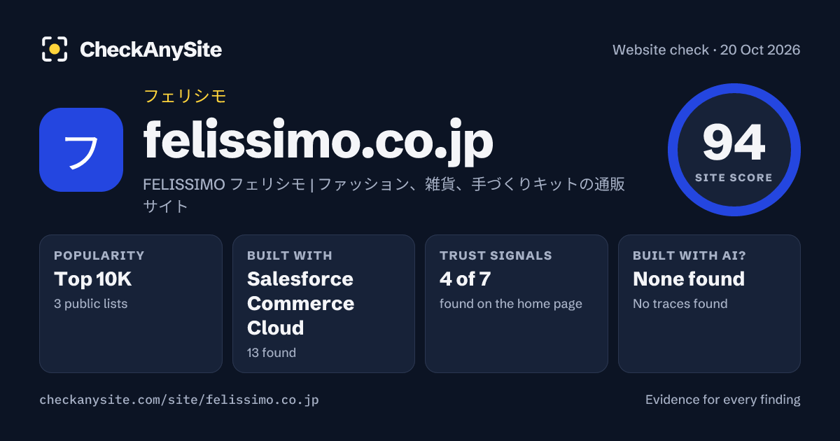 felissimo.co.jp on CheckAnySite: AI traces none found, popularity Top 10K, site score 94 of 100.
